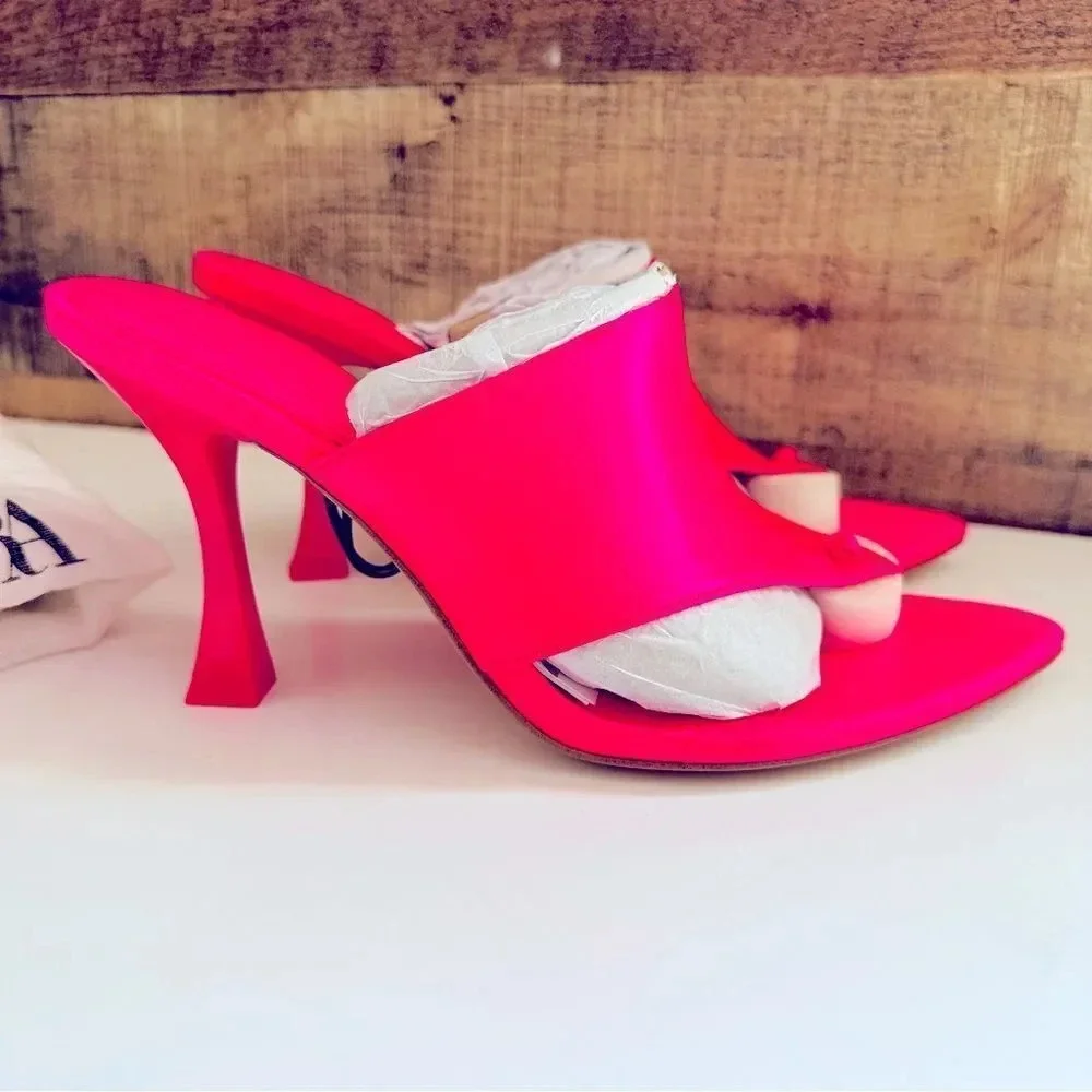 NWT Zara Satin Effect Neon Pink High Heel Sandals - Picture 4 of 9